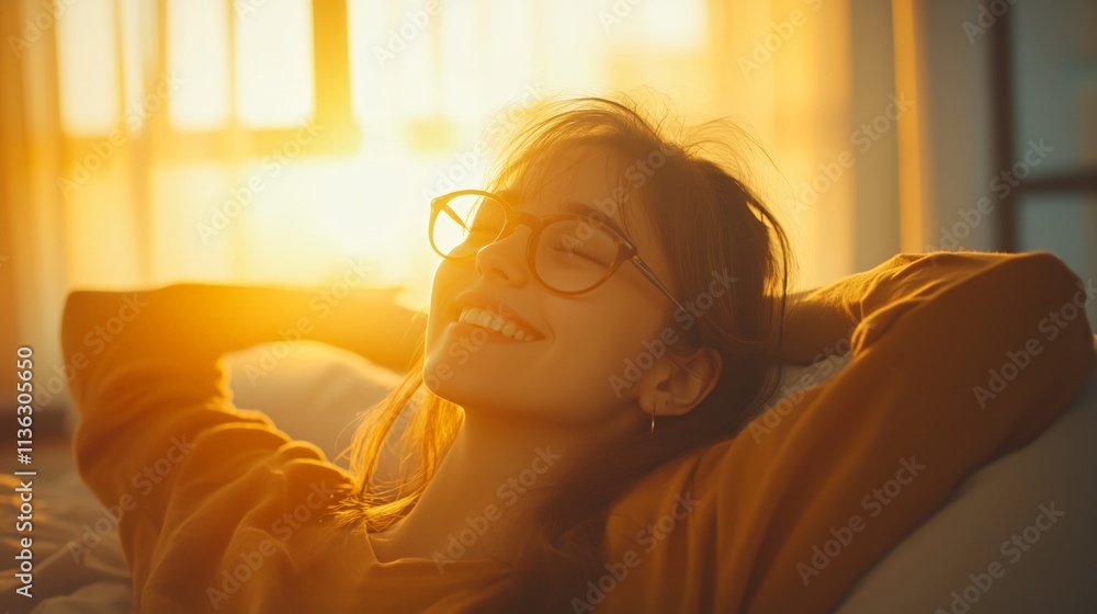 A cheerful young woman wearing glasses enjoys the sunlight from a window, relaxed and peaceful. The warm colors of the morning scene create a serene and pleasant atmosphere. A cheerful young woman wearing glasses enjoys the sunlight from a window, relaxed and peaceful. The warm colors of the morning scene create a serene and pleasant atmosphere.
