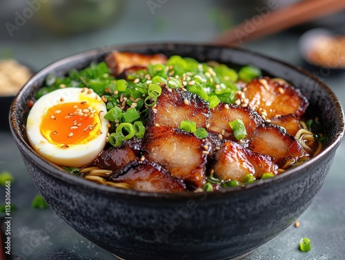 A delicious bowl of ramen topped with grilled pork, green onions, and a soft-boiled egg. photo