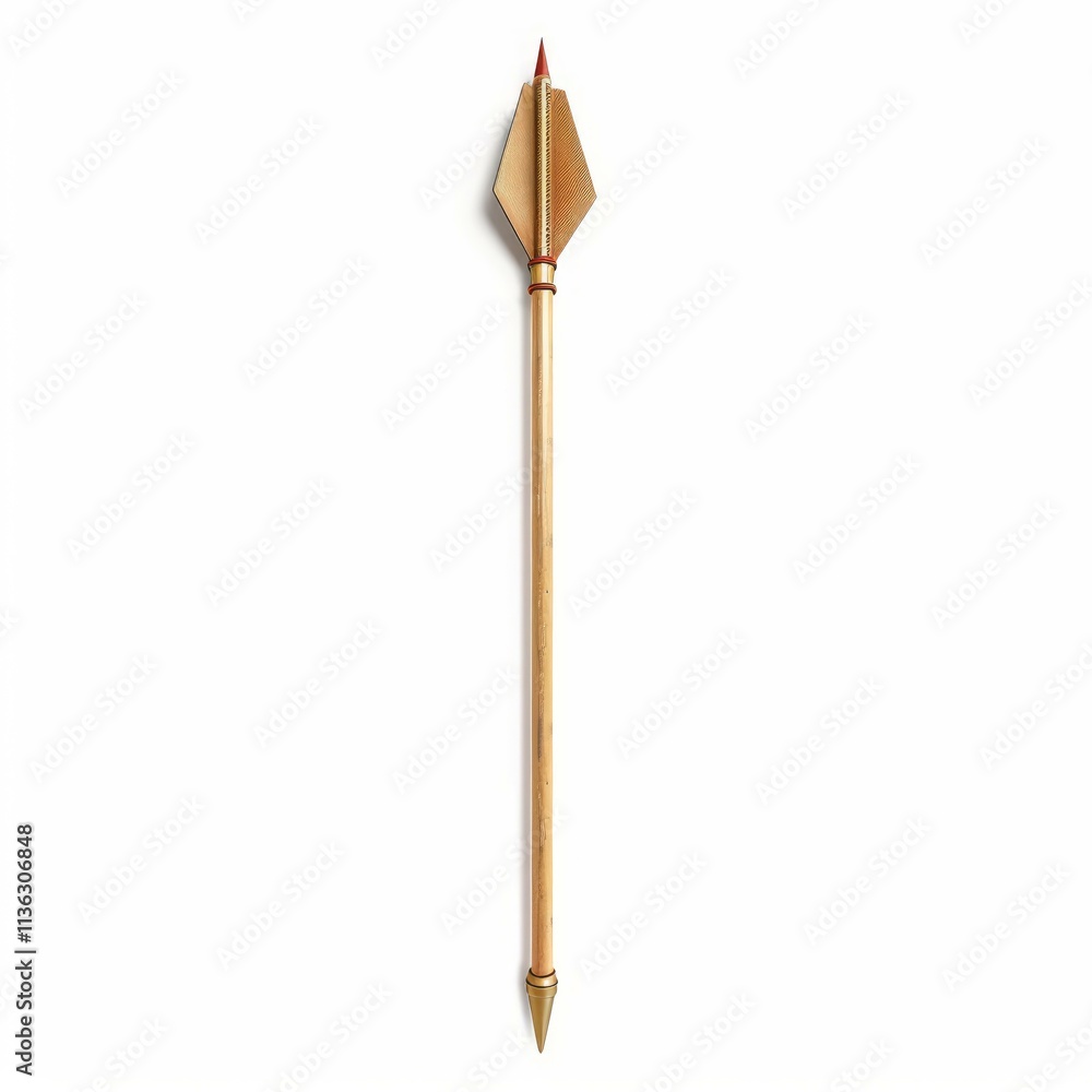 Studio shot of a medieval wooden arrow pointing upwards, isolated on a white background, representing archery, hunting, and ancient weaponry