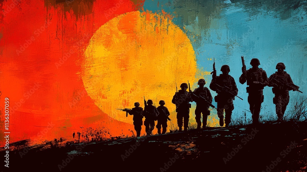 Naklejka premium Silhouetted Soldiers Progressing Towards a Vibrant Sunset with Bold Colors Creating a Dramatic Scene in a Stylized Military Composition