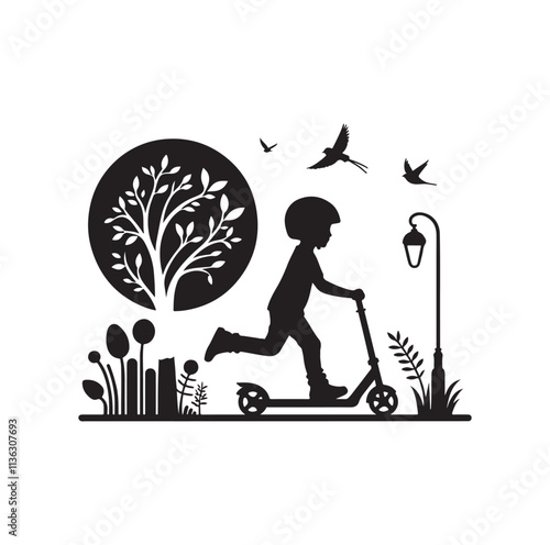 kid riding scooter silhouette vector illustration