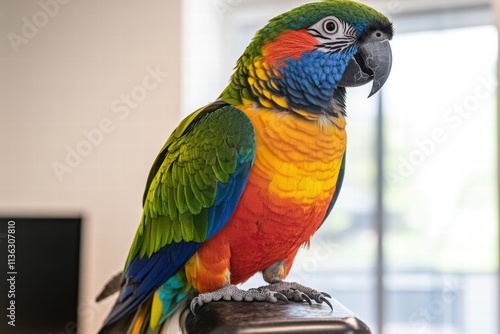 Brightly colored parrot perched indoors showcasing vibrant feathers in natural light photo