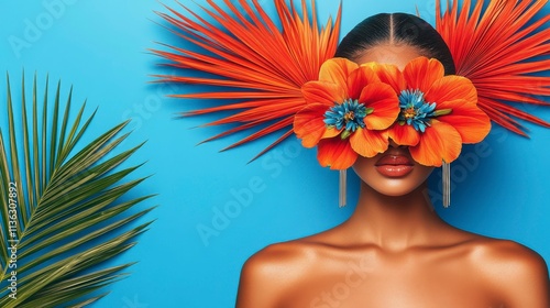 Abstract contemporary collage of a young woman with flowers covering her eyes. The surreal art piece represents beauty, nature, and the introspective mystery of identity.