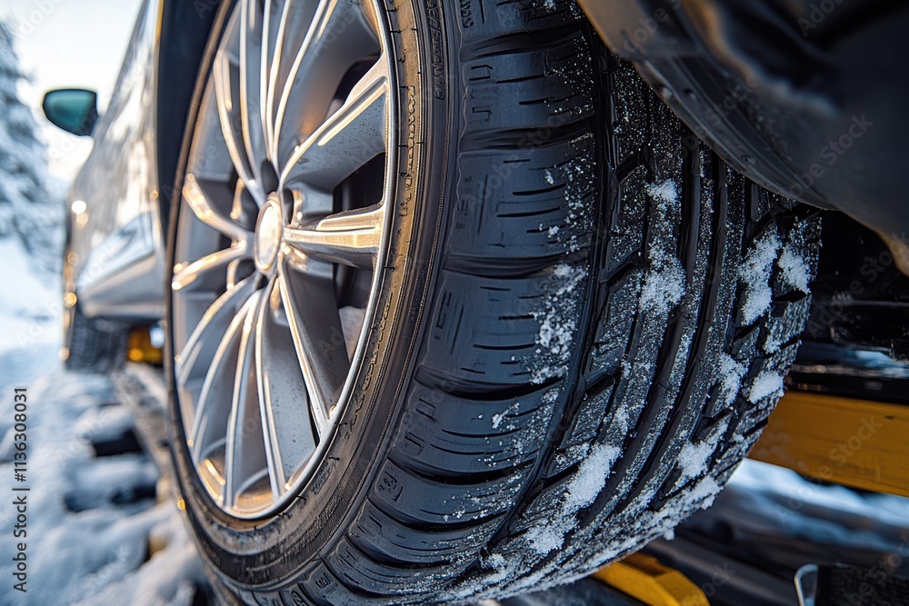 Installing winter tires on a car elevated by a jack in a snowy environment Installing winter tires on a car elevated by a jack in a snowy environment