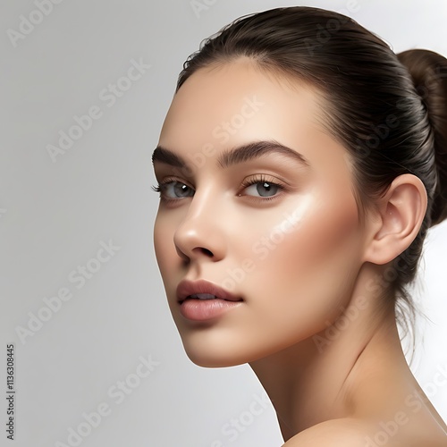 The image can be named: Portrait of a woman with natural beauty and glamour in a studio setting