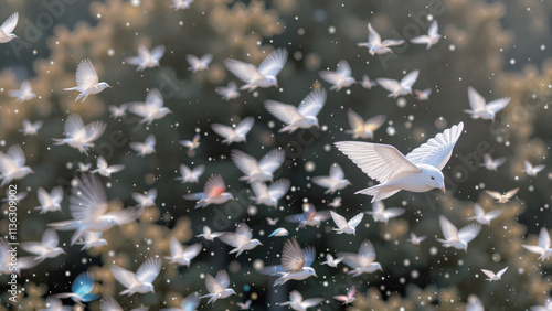 Beautiful white birds flying through the air amidst a flurry of feathers and soft bokeh background