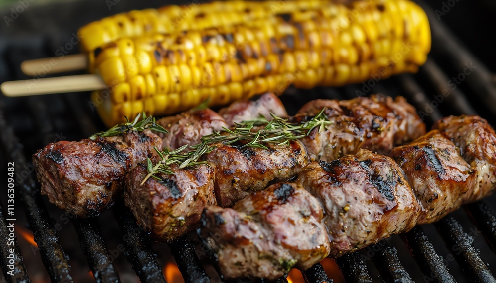 A smoky, flavorful barbecue with grilled meat and vegetable skewers, spiced with herbs and sizzling over flames, creating a gourmet outdoor summer meal A smoky, flavorful barbecue with grilled meat and vegetable skewers, spiced with herbs and sizzling over flames, creating a gourmet outdoor summer meal