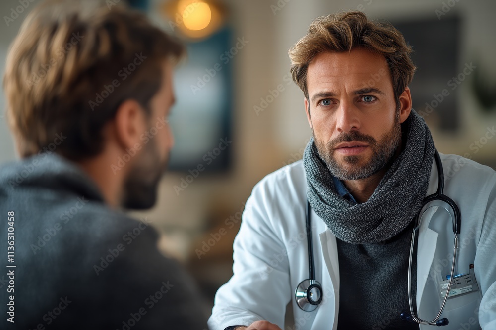 Doctor consulting patient about health concerns in a clinical setting Doctor consulting patient about health concerns in a clinical setting