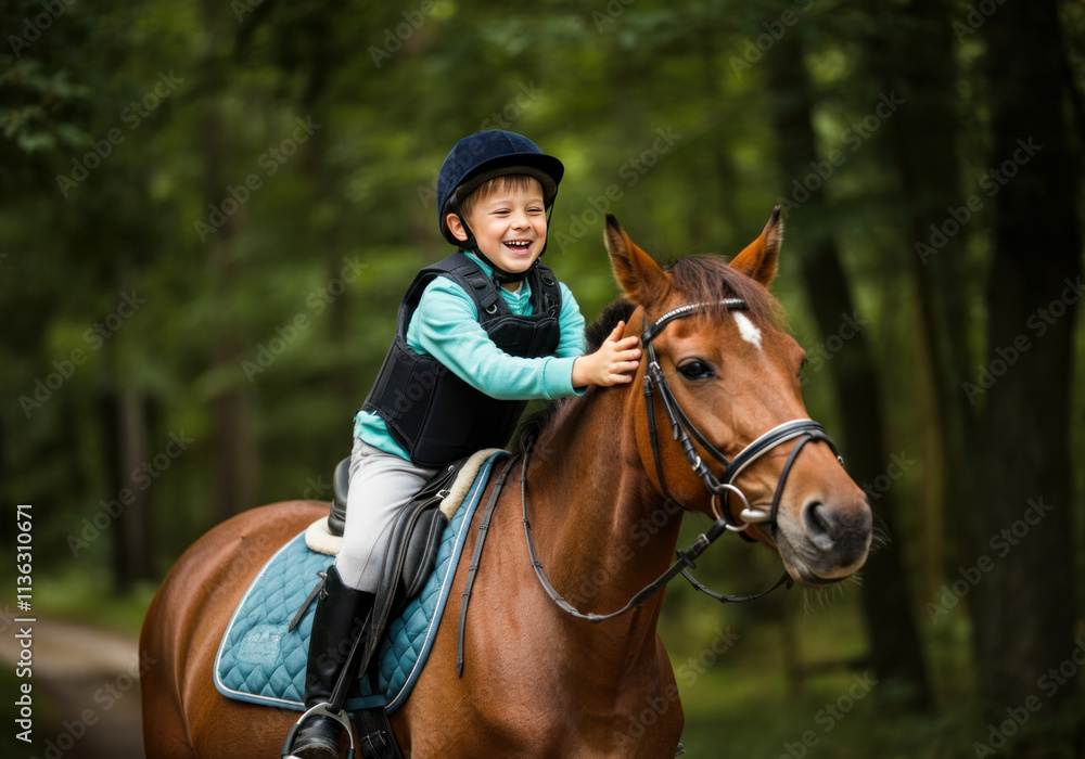 Young boy joyfully riding horse in wooded area during sunny day Young boy joyfully riding horse in wooded area during sunny day