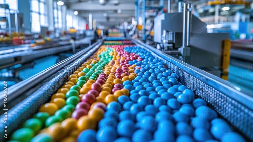 Obraz premium Colorful candies on a conveyor belt in a factory.