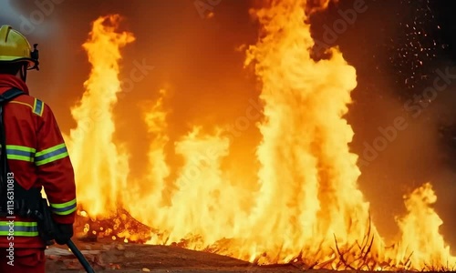 Heroes in protective workwear standing in dangerous flames