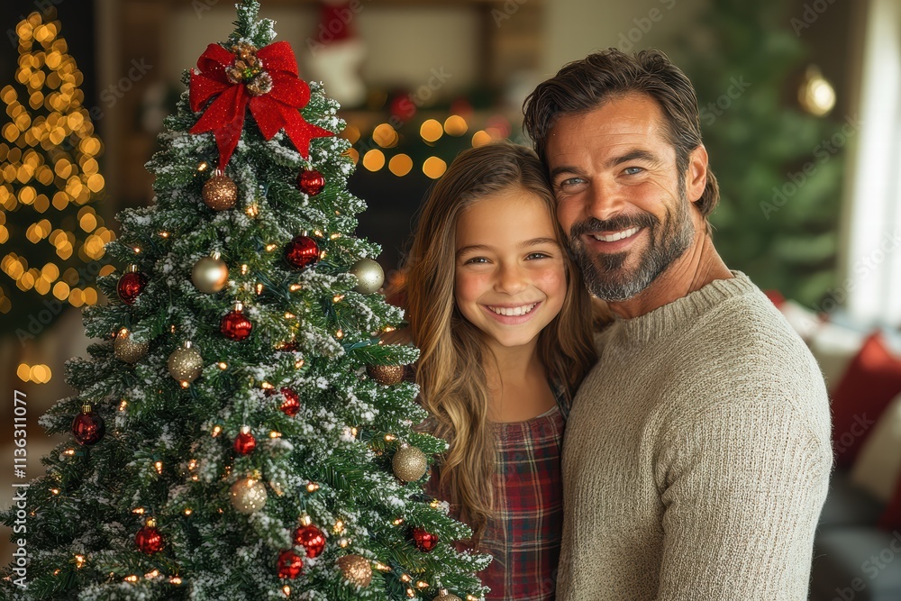 Family enjoys decorating the Christmas tree in a cozy living room filled with holiday cheer Family enjoys decorating the Christmas tree in a cozy living room filled with holiday cheer