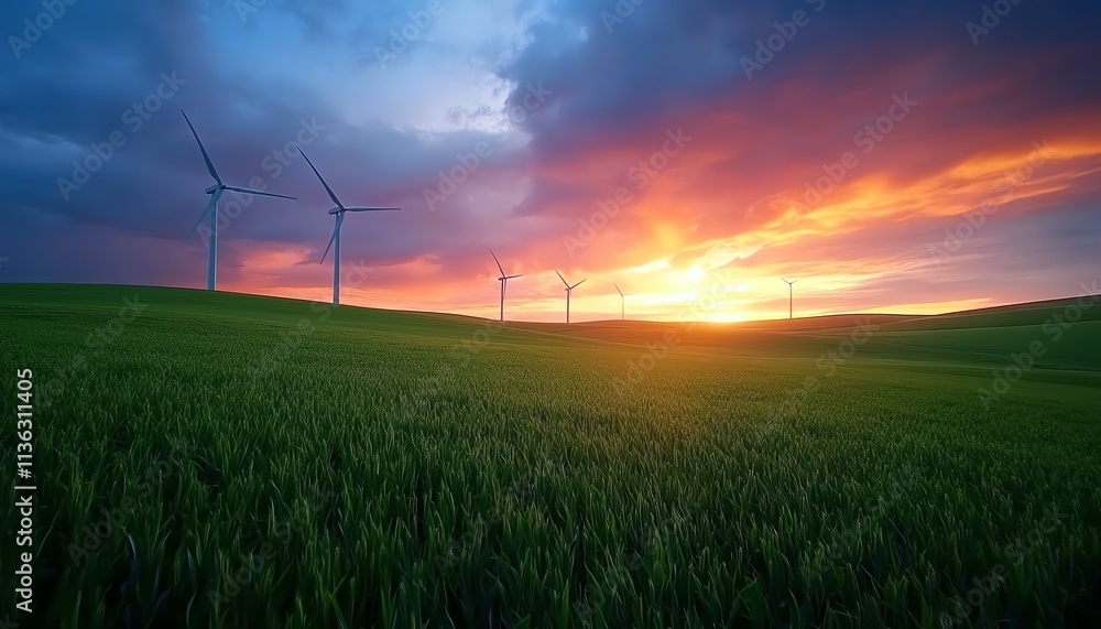 Obraz premium A calm and serene landscape at sunset with wind turbines spinning gently in a green field, set against a backdrop of a vibrant, colorful sky