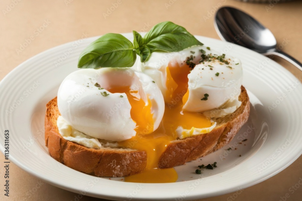 Perfectly Poached Eggs on Toast with Fresh Basil Garnish Perfectly Poached Eggs on Toast with Fresh Basil Garnish