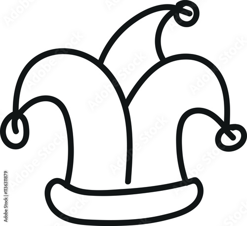 Simple, black-and-white line drawing of a jester's hat with three points, each ending in a small circle, and a curved brim at the bottom.
