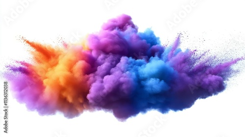 Wide panoramic view of a colorful rainbow Holi powder explosion on a clean white background. Bright, dynamic bursts of paint symbolize celebration and joy.