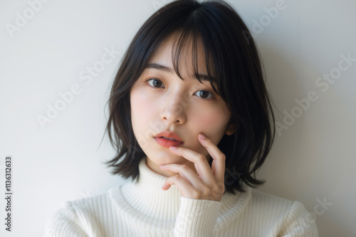 Close-up of a Beautiful Young Asian Woman with Soft Makeup in a Cozy White Sweater Against a Light Background