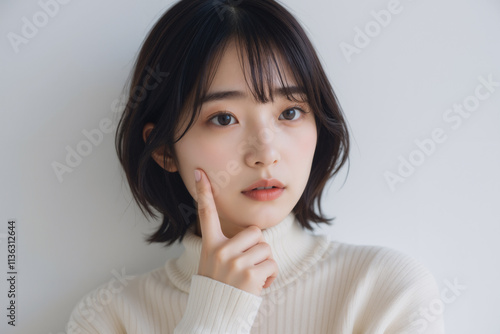 Close-up of a Beautiful Young Asian Woman with Soft Makeup in a Cozy White Sweater Against a Light Background