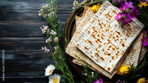 Traditional Passover matzo with spring flowers on rustic wooden background. Top view. Horizontal banner. Copy space. Happy Passover. Jewish holiday. Spring festive greeting card photo