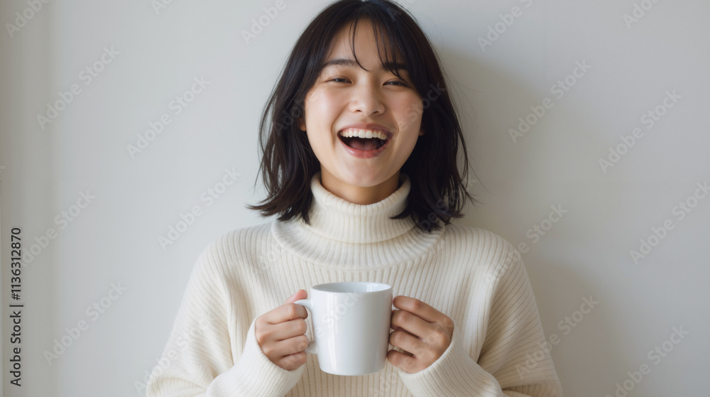 Cheerful Young Woman in Cozy Sweater Holding a Mug Cheerful Young Woman in Cozy Sweater Holding a Mug