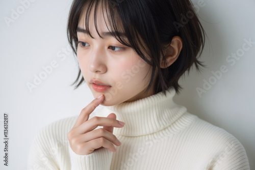 Close-up of a Beautiful Young Asian Woman with Soft Makeup in a Cozy White Sweater Against a Light Background