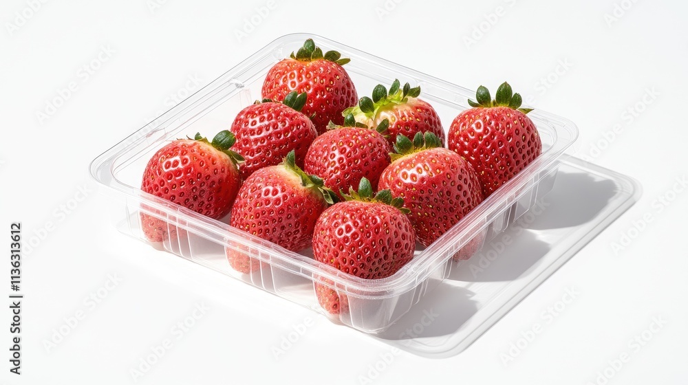 Ripe strawberries in a clear plastic box casting a soft shadow on a white tabletop illuminated by warm sunlight Ripe strawberries in a clear plastic box casting a soft shadow on a white tabletop illuminated by warm sunlight