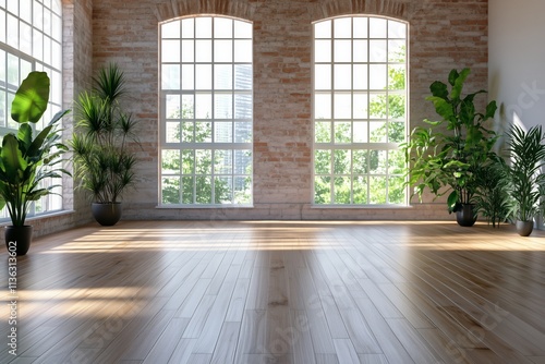 Modern loft interior featuring potted plants on wooden flooring