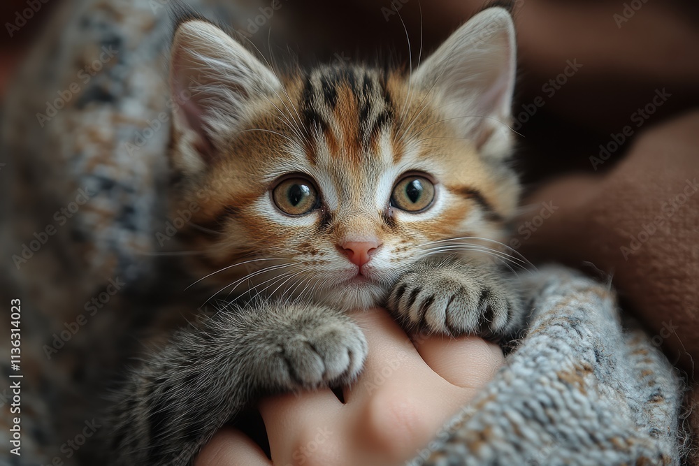 Kitten clings to owner's hand seeking warmth in cozy indoor setting Kitten clings to owner's hand seeking warmth in cozy indoor setting