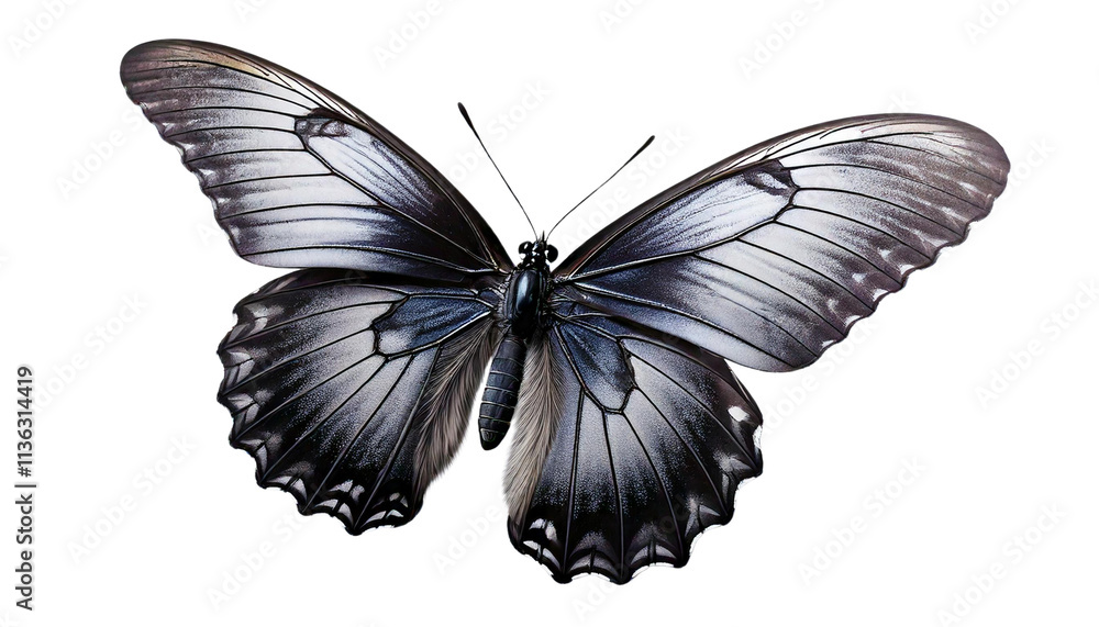 Black and Gray Butterfly in Flight on White Background
Black and Gray Butterfly in Flight on White Background