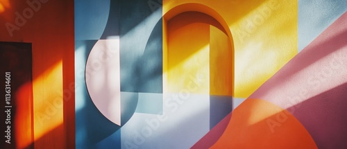 Sunlit abstract mural with arches and bold colors offers a playful dance of shapes and shadows.