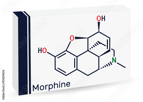 Morphine, morphia  molecule. Opiate analgesic psychoactive drug. Skeletal chemical formula. Paper packaging for drugs. Vector
