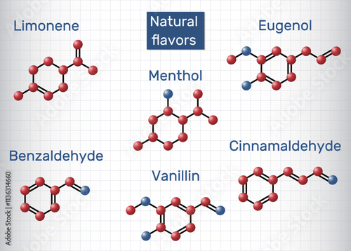 Natural flavors molecules. Chemical structures of limonene, menthol, eugenol, benzaldehyde, vanillin, and cinnamaldehyde. Vector i