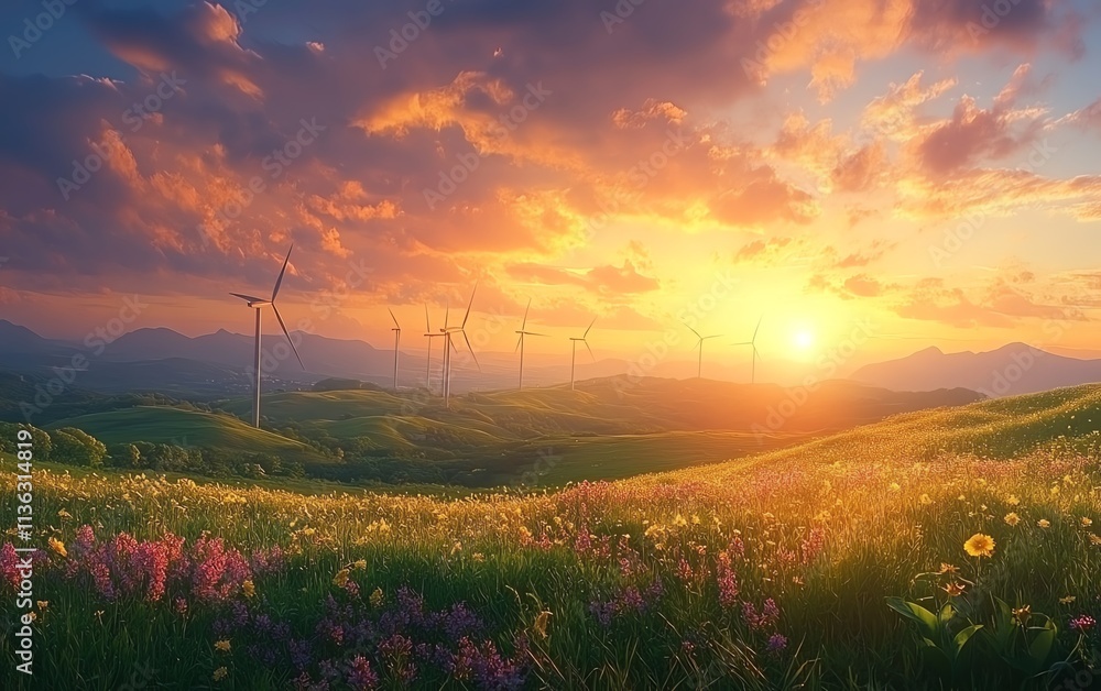 A tranquil sunset landscape featuring wind turbines amidst green fields, with a stunning colorful sky, highlighting renewable energy and environmental peace A tranquil sunset landscape featuring wind turbines amidst green fields, with a stunning colorful sky, highlighting renewable energy and environmental peace