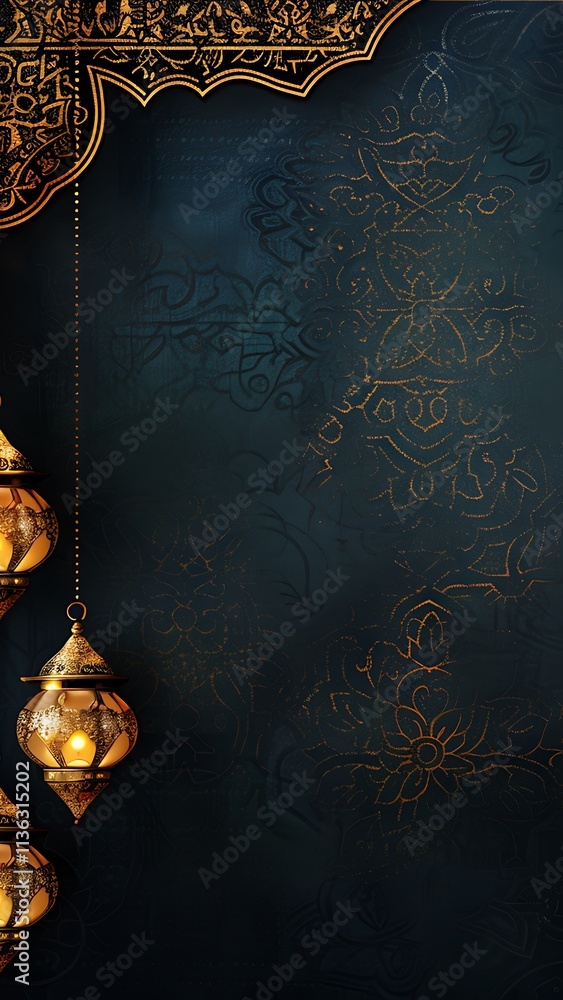 Ornate Golden Lanterns with Intricate Patterns on Dark Blue Background Ornate Golden Lanterns with Intricate Patterns on Dark Blue Background