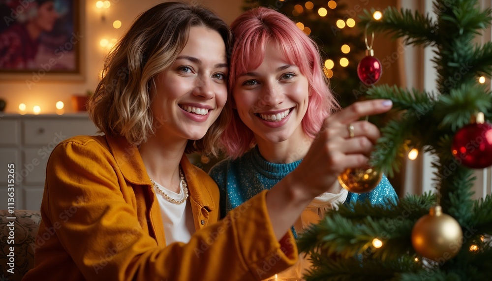 Close-up of two happy lesbians decorating a Christmas tree together Close-up of two happy lesbians decorating a Christmas tree together