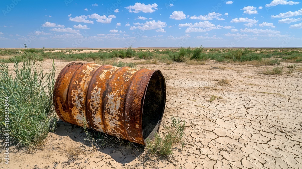 Rusty Barrel on Parched Land Under Blue Sky and Fluffy Clouds in Desert Rusty Barrel on Parched Land Under Blue Sky and Fluffy Clouds in Desert