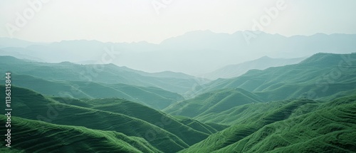 Endless green hills stretch toward the horizon, enveloped in mist, creating a serene landscape that speaks of nature's gentle, yet powerful beauty. photo