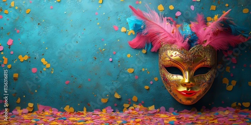 Minimalist background image with a festive carnival theme, colorful confetti, carnival masks.