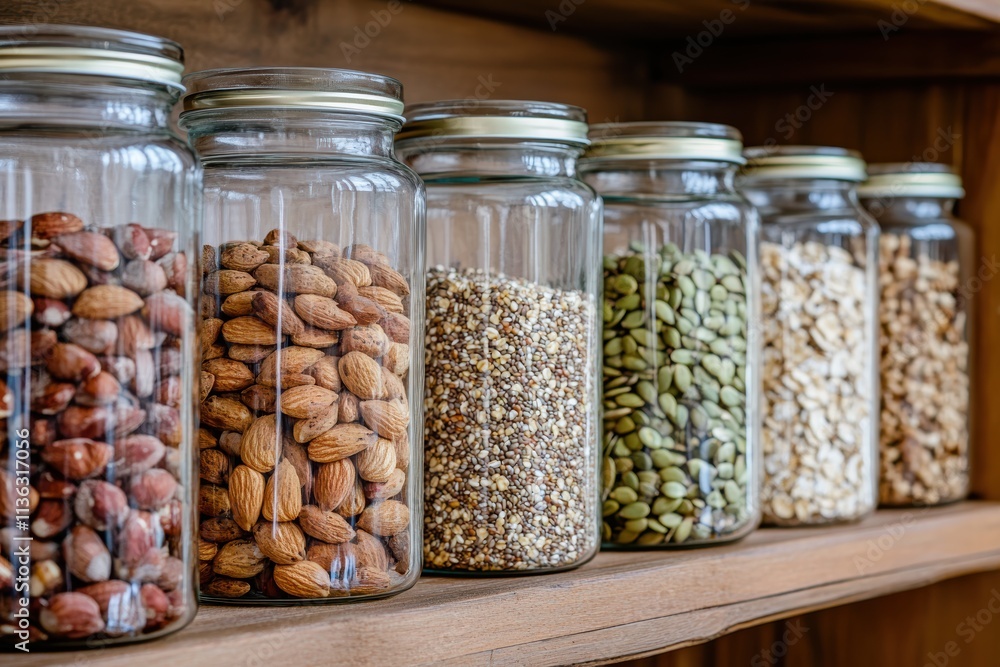 Healthy products collection displayed in glass jars on a wooden shelf Healthy products collection displayed in glass jars on a wooden shelf
