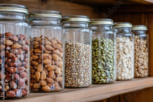 Healthy products collection displayed in glass jars on a wooden shelf