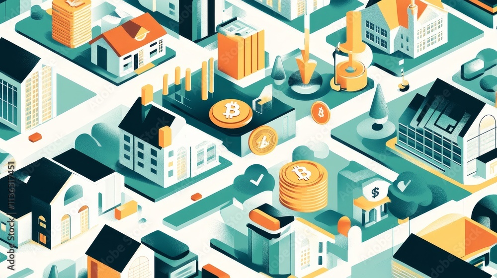Bright financial district illustration, digital cityscape with bitcoin icons, modern buildings, urban economy concept art Bright financial district illustration, digital cityscape with bitcoin icons, modern buildings, urban economy concept art
