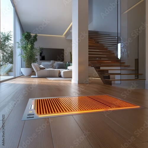 In a contemporary living room, a sleek heating mat emits a warm glow on the wooden floor, enhancing the cozy atmosphere near a modern staircase and lush greenery photo