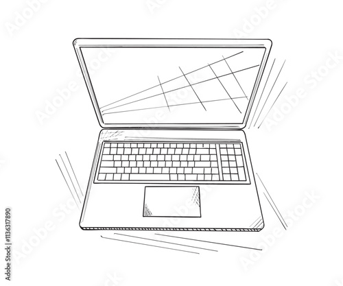 Open laptop sketch showing keyboard and trackpad