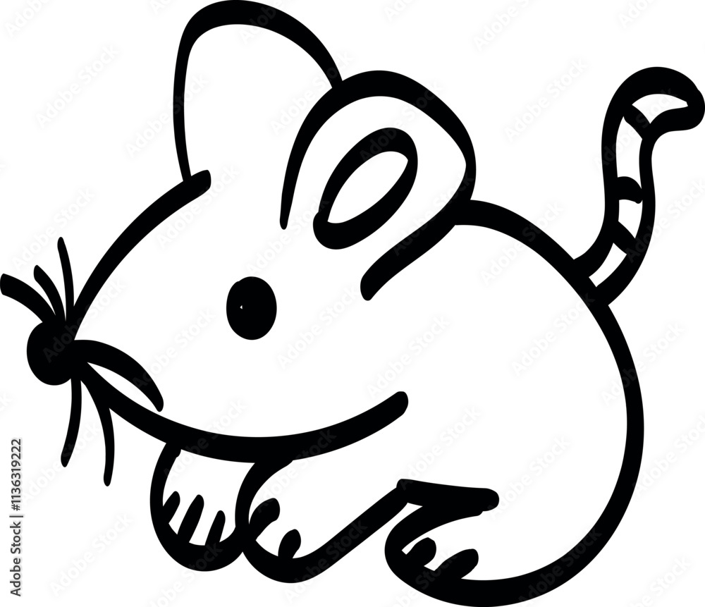 Black and white cartoon drawing of a mouse with large ears, a round nose, whiskers, and a striped tail in a crouching position with its front paws raised.
Black and white cartoon drawing of a mouse with large ears, a round nose, whiskers, and a striped tail in a crouching position with its front paws raised.