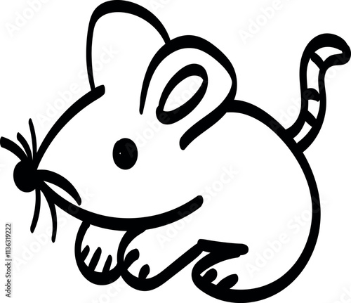 Black and white cartoon drawing of a mouse with large ears, a round nose, whiskers, and a striped tail in a crouching position with its front paws raised.
