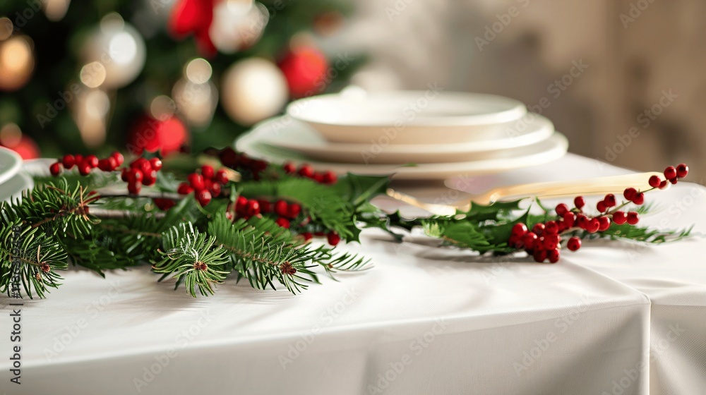 Holiday Table Setting with Greenery and Christmas Decor Holiday Table Setting with Greenery and Christmas Decor