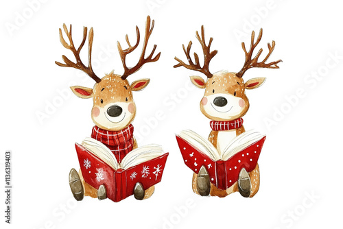 Two deer are sitting on a book, one of them is reading. on transparent background.