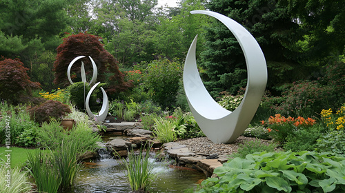 A serene garden featuring modern sculptures and a tranquil stream surrounded by vibrant plants.