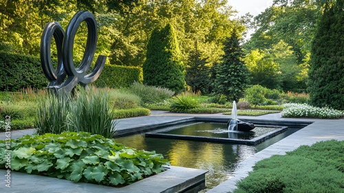 A serene garden featuring a modern sculpture and a tranquil water feature.