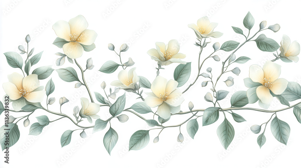 A decorative ornament with soft pastel yellow and sage green hues, overlaid with delicate hand-painted floral branches, accented with silver highlights A decorative ornament with soft pastel yellow and sage green hues, overlaid with delicate hand-painted floral branches, accented with silver highlights